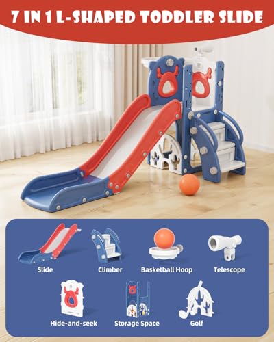 XJD 5 in 1 Toddler Slide, Kids Slide for Toddlers Age 1-3, Outdoor Indoor Playset for Toddlers with Basketball Hoop and Ball