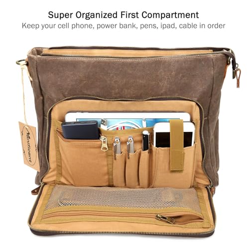 Laptop Messenger bag for Mens 15.6 Inch, Waterproof Vintage Genuine Leather Mens Briefcase shoulder bag 16 Storage Pockets