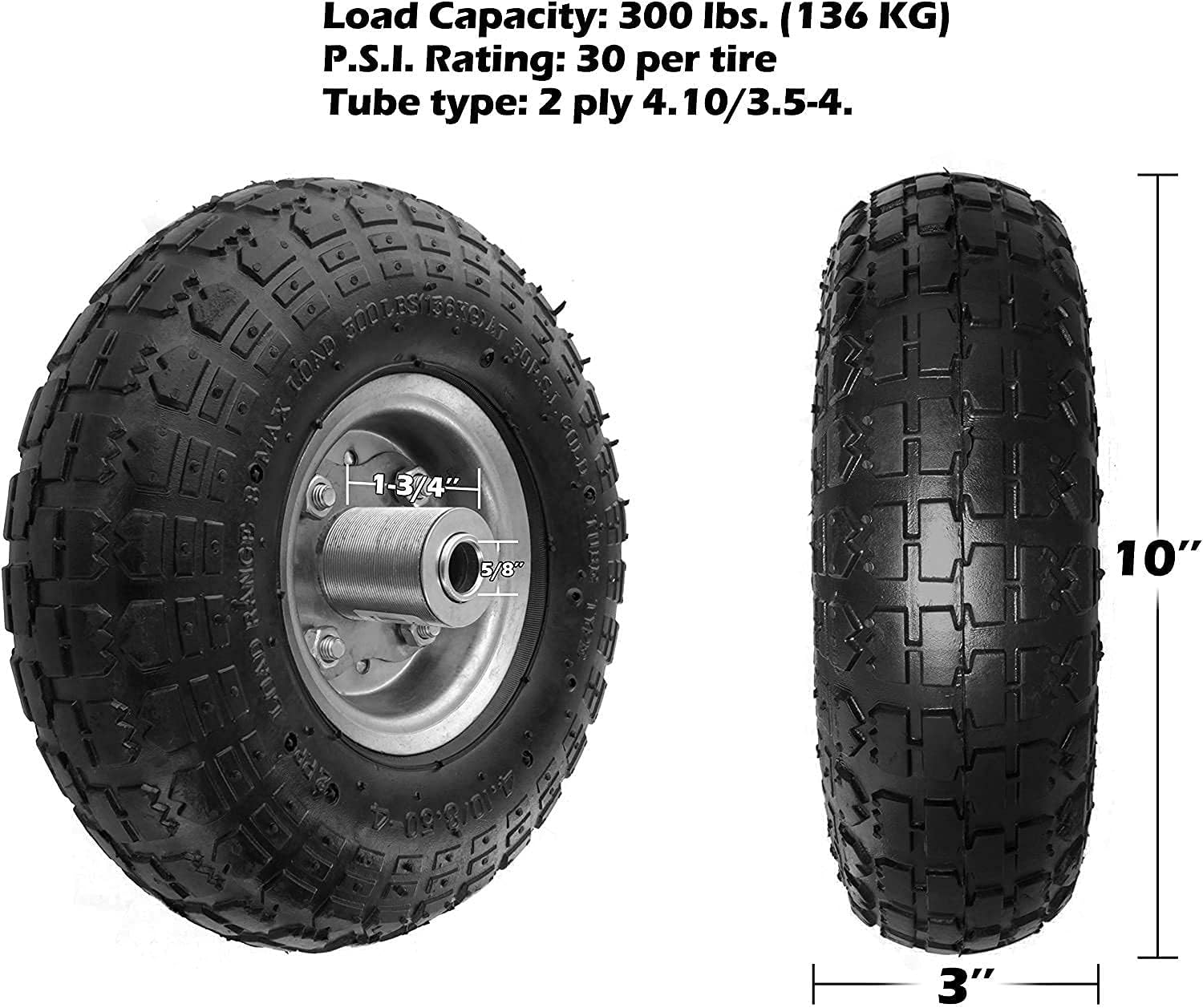 Bimiti 4 Pack 10 Pneumatic Air Filled Heavy-Duty Wheels Tires with 5/8 Center Bearing All Purpose Utility Air Tires Wheels Pneumatic Rubber Tyre