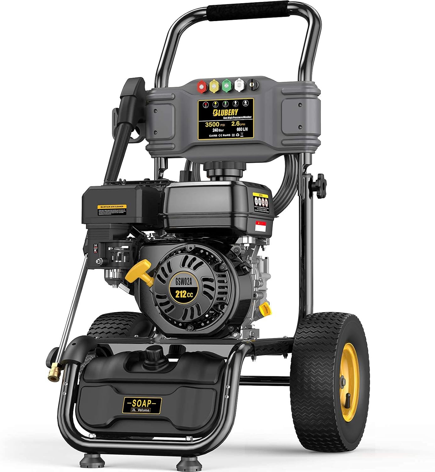 BLUBERY 3500PSI Gas Pressure Washer, 2.6GPM 212CC Power Washer, 50FT Hose&Soap Container, 5 Adjustable Nozzles
