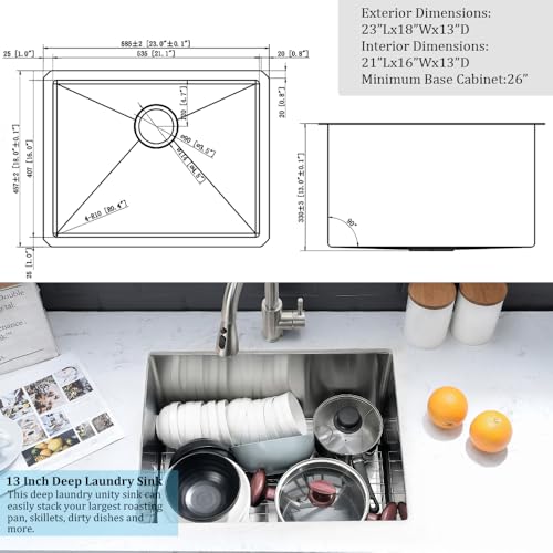 Stainless Steel Laundry Sink Undermount-VASOYO 23x18x13 Undermount Laundry Sink Stainless Steel Utility Sink 16 Gauge Single Bowl Laundry Room Sink