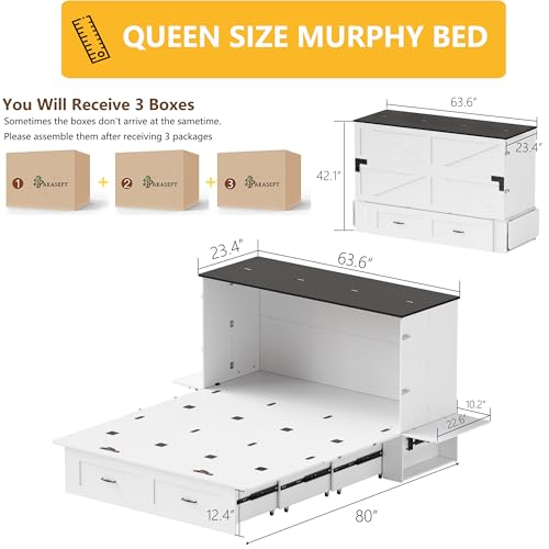 PAKASEPT Murphy Bed Queen, Bed Cabinet Frame with Storage & Charging Station, Murphy Cabinet Bed with Hidden Space for Bedroom/Guest Room