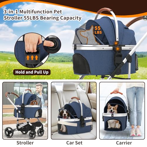 Pet Stroller 3 in 1 Folding Lightweight Dog Stroller with Detachable Carrier & Storage Basket, Premium 4 Wheels Travel for Puppies, Doggies
