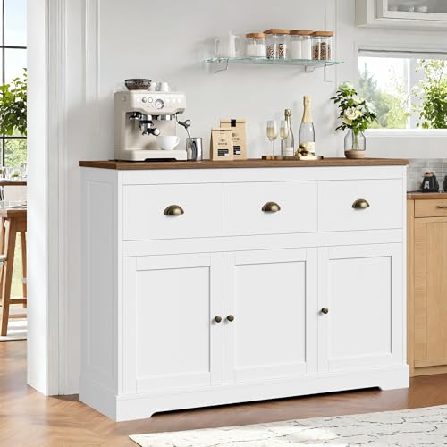 Keyluv White Buffet Cabinet Storage Sideboard Farmhouse Server Bar Wine Cabinet with 3 Drawers & 3 Doors Adjustable Shelves Console Table for Dining