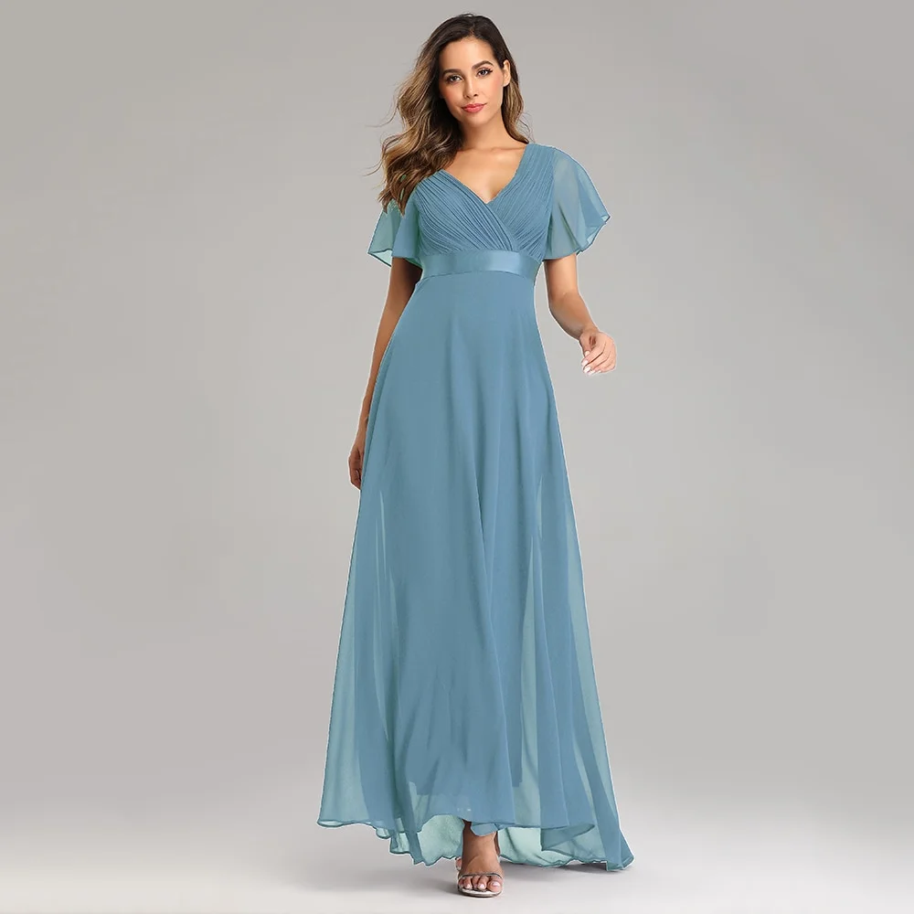 Evening Dresses Elegant V-Neck Ruffles Chiffon Formal Evening Gown Robe Vestidos De Fiesta Dress for Wedding Party
