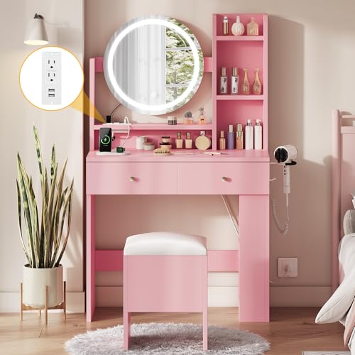 DWVO Vanity Desk with Mirror and Lights, Makeup Vanity Table Set with Power Outlets and Chair, 3 Lighting Colors