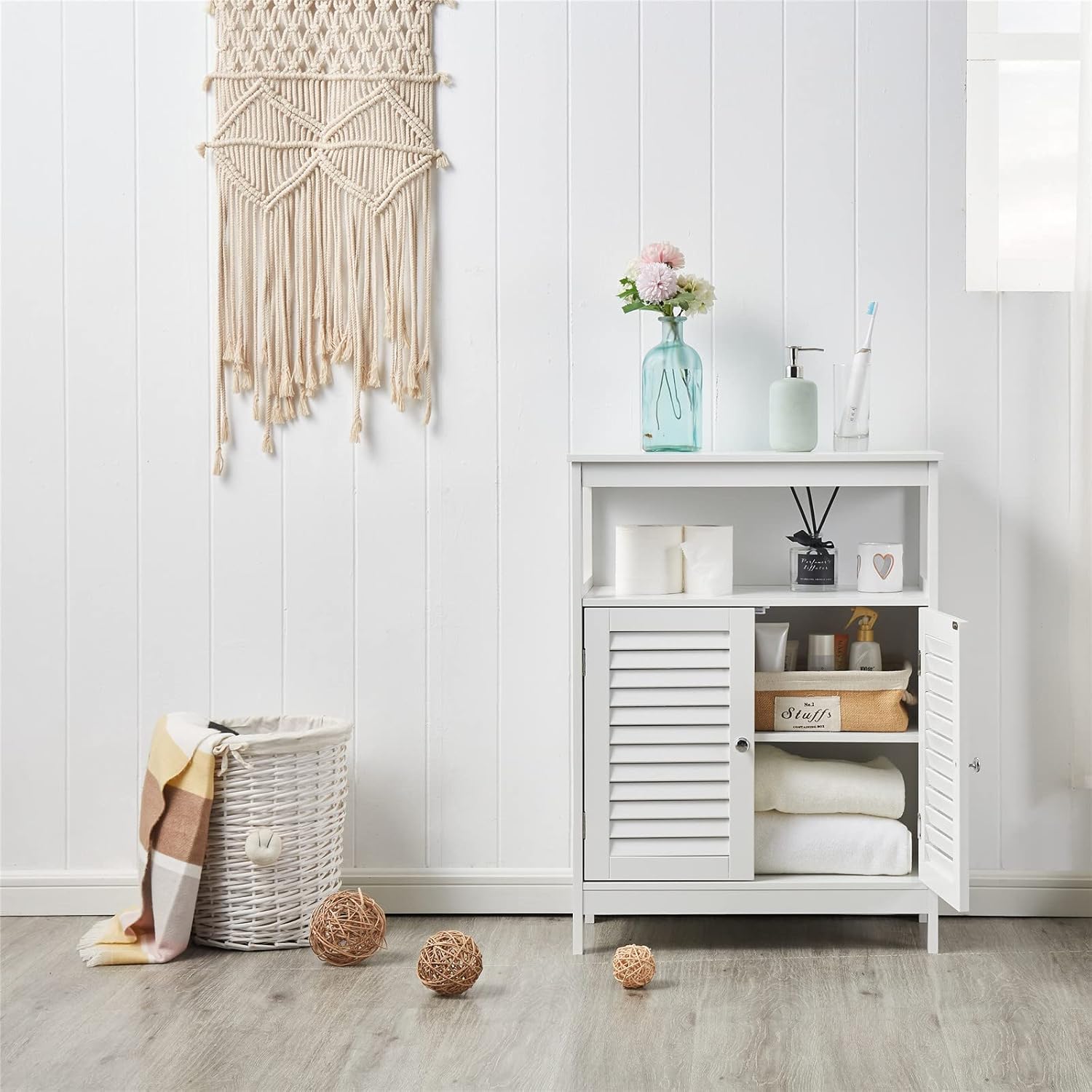 HoorLang Storage for Bathroom, Small Cabinets, Bathroom Table with Storage Cupboard Open Compartments, Easy Assembly White HLBC04W