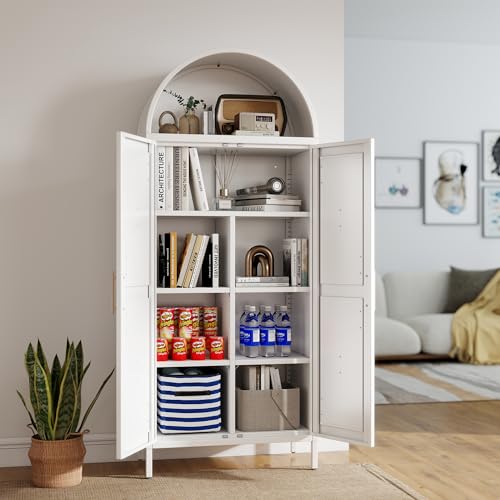 Tall Kitchen Pantry Cabinet, Metal Display Storage Cabinets with 4 Doors/2 Drawers for Kitchen Home Office Living Room, Assembly Required