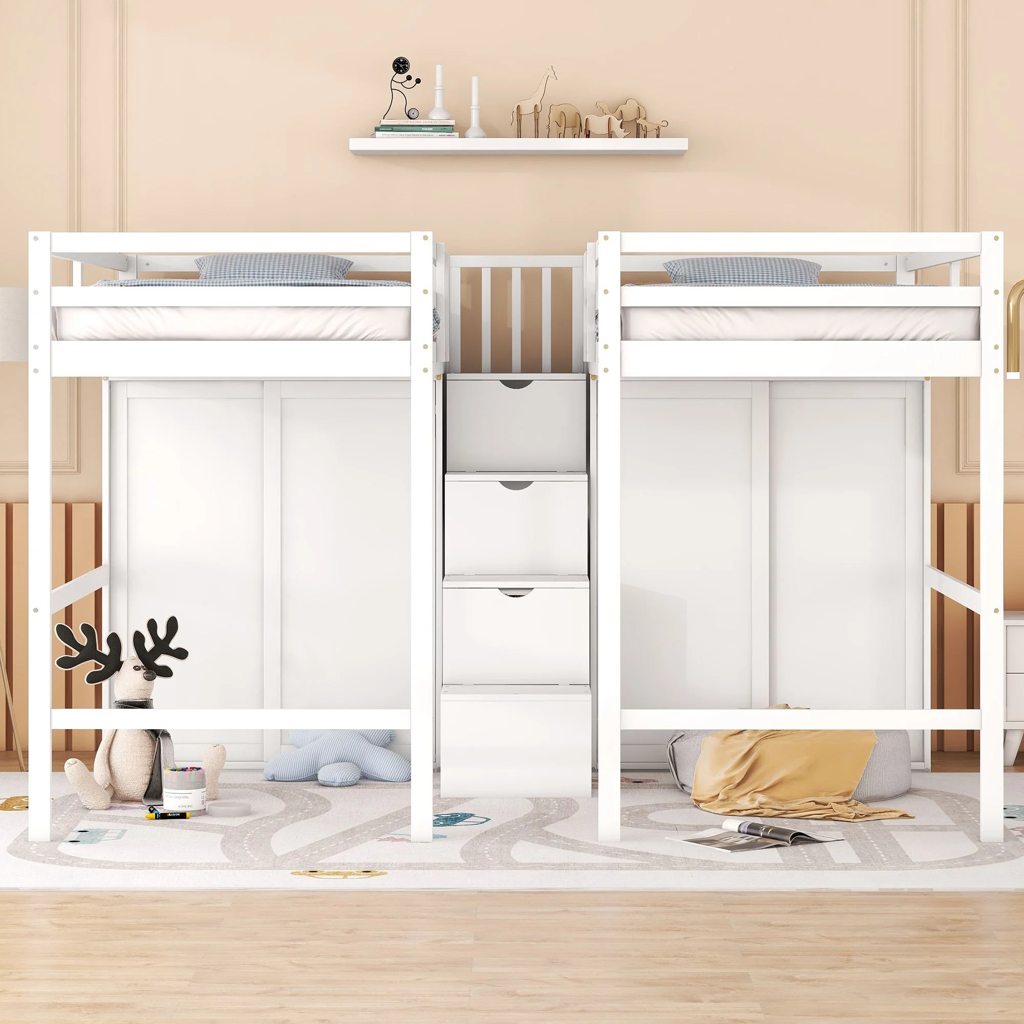 Double Twin Loft Bed, Solid Wood Loft Bed with Wardrobes and Staircase, Modern Storage Loft Bed with Storage Stairs and Shelves for Boys Girls Teens