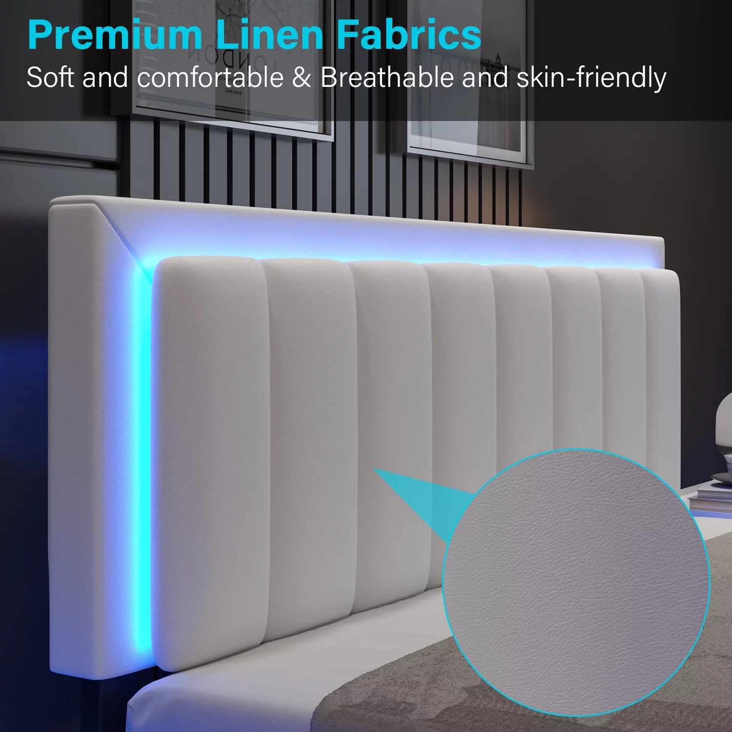4 EVER WINNER Full Size Led Bed Frame, Upholstered Platform Bed Frame with PU Faux Leather Headboard, White