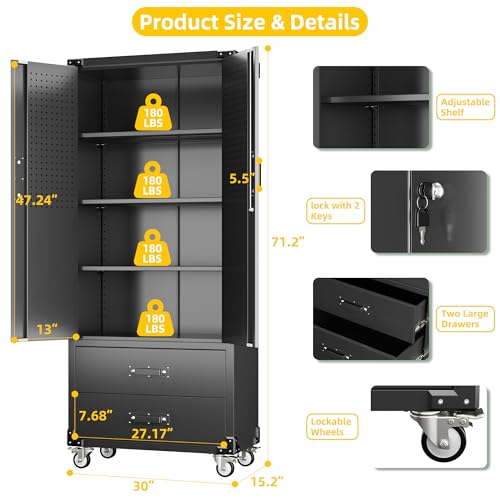 Aobabo 71" H×32" W×16" D Metal Storage Cabinet with Wheels, Garage Steel Storage Cabinet with 5 Adjustable Shelves and 4 Hooks for Home Office