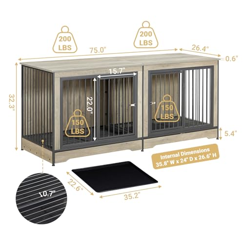 Rovibek 86" Stackable Dog Kennel Furniture with Removable Divider & 3 Doors, Double Dog Crates Furniture for 2 Dogs, Corner Dog Crate Furniture
