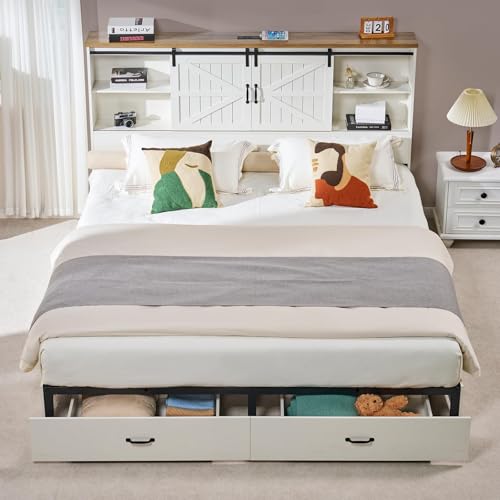 VanAcc Full Size Bed Frame, Wooden Platform Storage Bed with 51.2" Bookcase Headboard, 2 Drawers