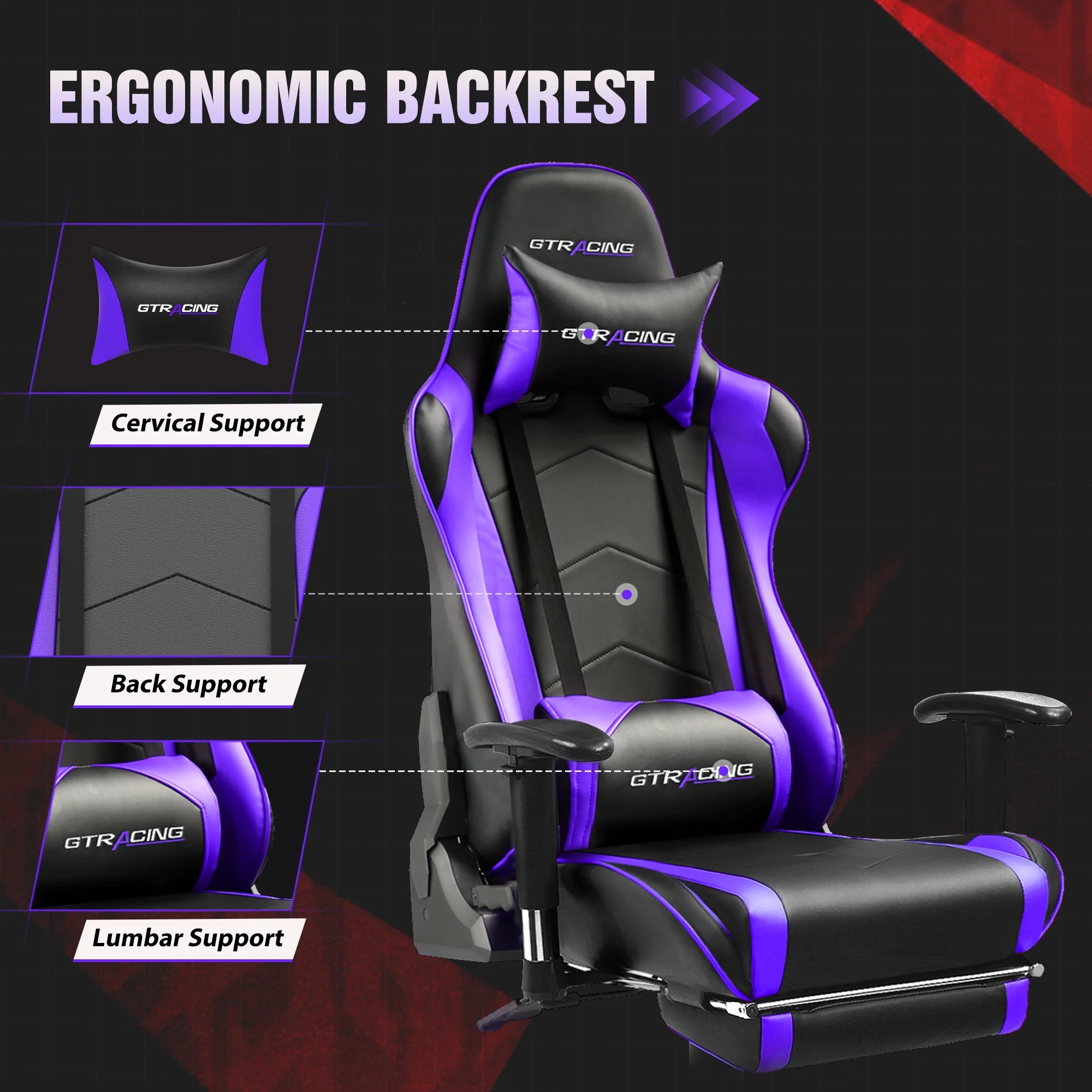 GTRACING Gaming Chair with Footrest PU Leather Office Chair with Adjustable Headrest, Purple - Radiant Selections