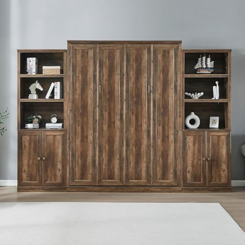 MERITLINE Queen Size Murphy Bed with Storage Bookcase Shelves,Cabinet and Charging Station,Wood Folding White Murphy Wall Bed