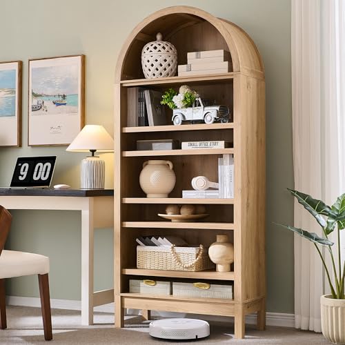 71" Tall Arched Bookshelf, 7 Tiers Arch Bookcase with Storage, Modern Farmhouse Book Shelf with Adjustable Shelves