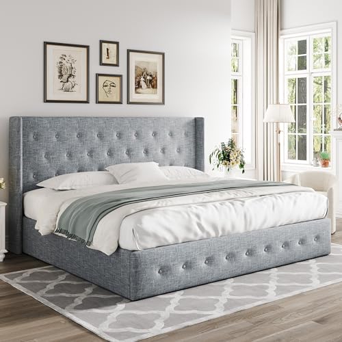 Allewie Full Size Lift Up Storage Bed, Modern Wingback Headboard, Hydraulic Support, No Box Spring Needed, Light Beige