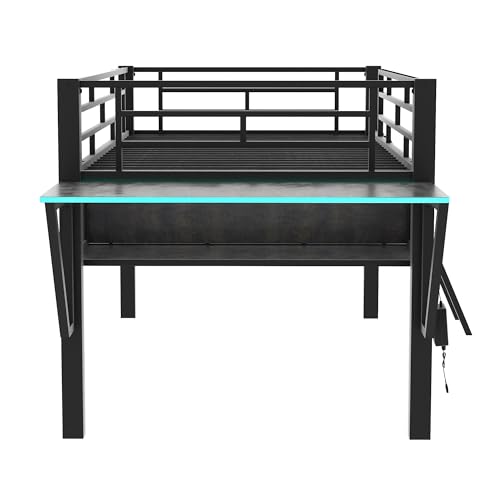 Gaming Bed with Desk,Wardrobe,Ample Storage Space,and RGB LED Light, Full Size Wood Loft Bed for Kids Bedroom (Cloud Blue/K)