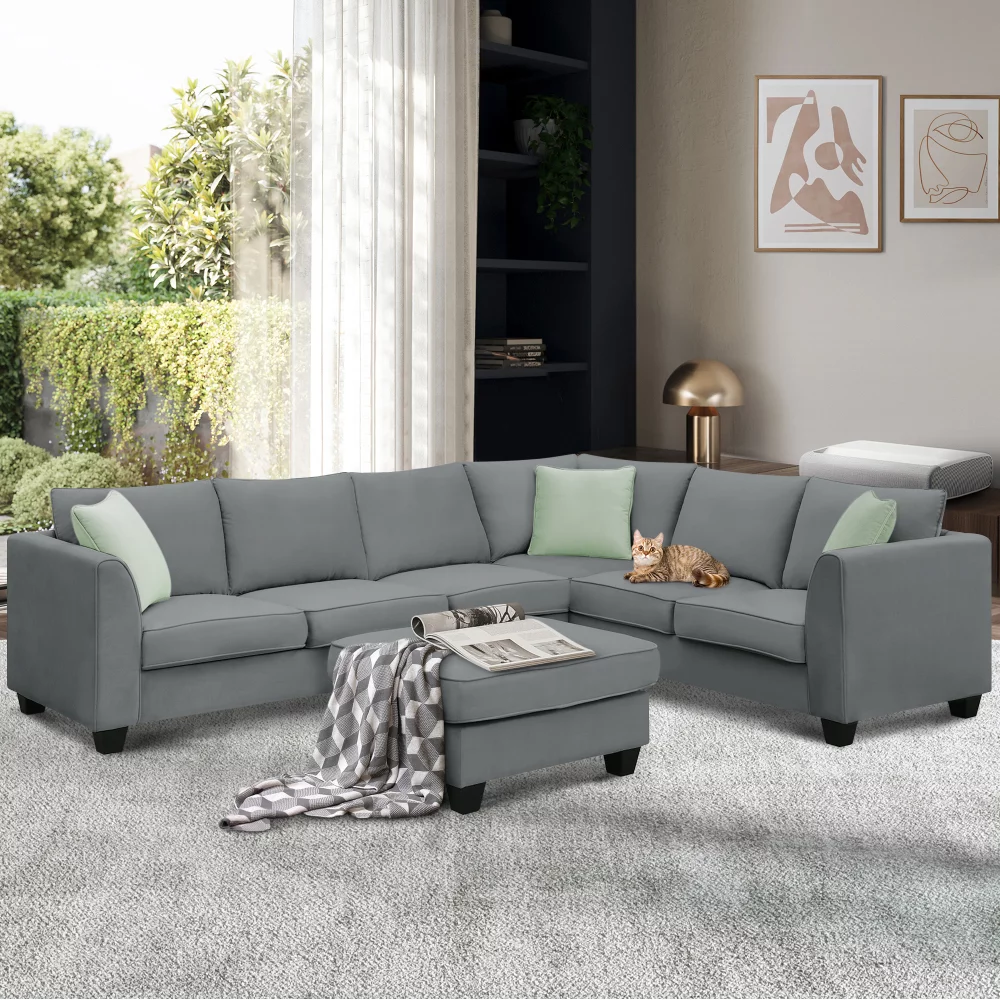 112*87" Sectional Sofa Couches Living Room Sets 7 Seats Modular Sectional Sofa with Ottoman L Shape Fabric Sofa Corner Couch Set with 3 Pillows,Grey