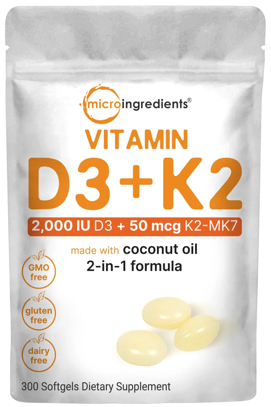 Vitamin D3 2,000 iu Plus K2 (MK-7) 50 mcg, 300 Virgin Coconut Oil Softgels | 2 in 1 Vitamins D & K Complex | Supports Calcium Absorption, Bone