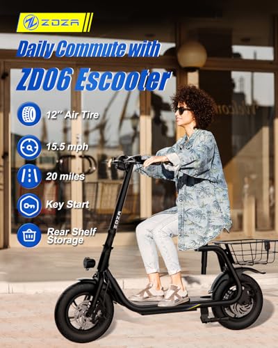 Electric Scooter with Seat ZD06, 800W Peak Motor, 20 Mile Range & 15.5 Mph, Key Start, Foldable E-Scooter with Carry Basket for Pets & Cargo