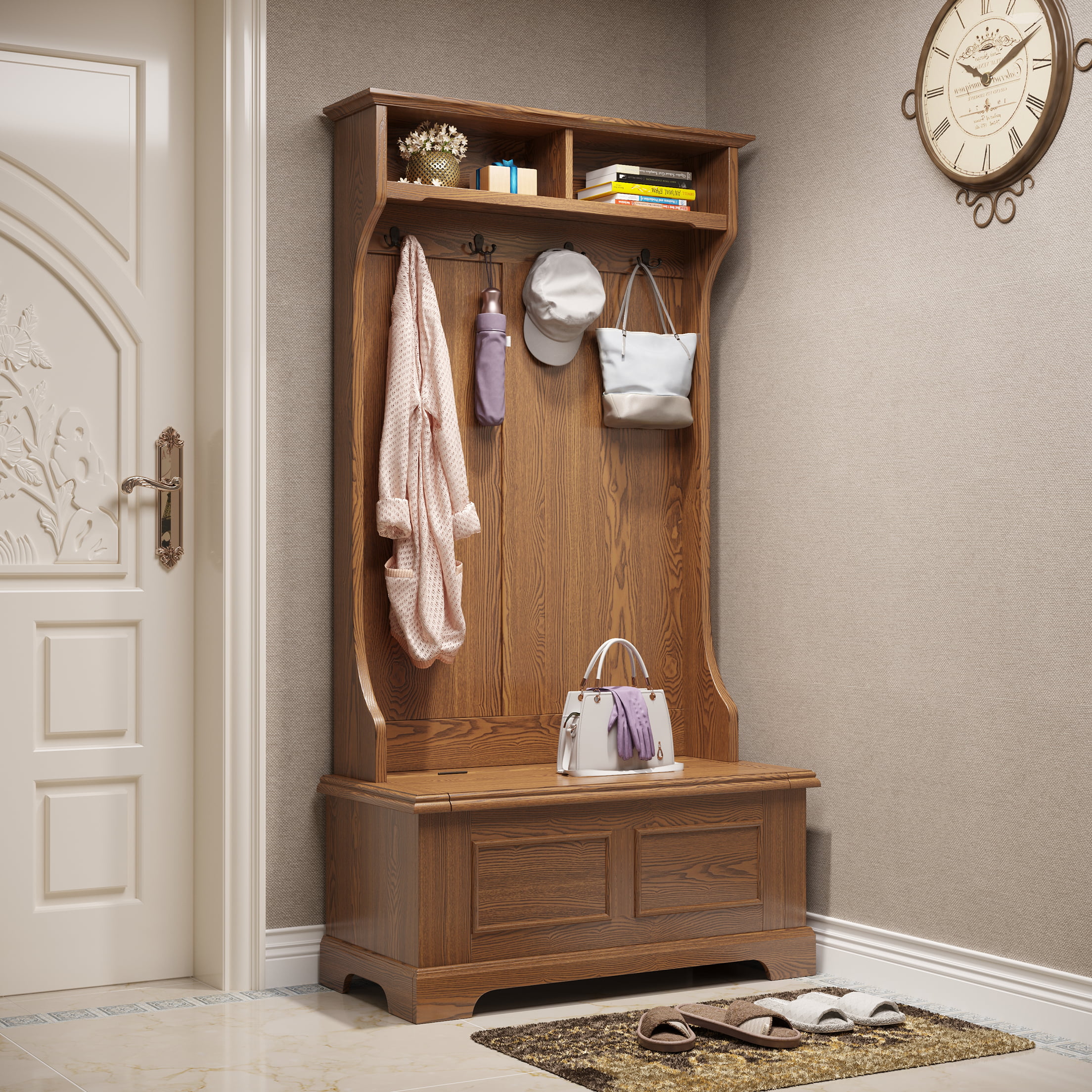 BALANBO Entrance Coat Rack Hall Tree Storage Bench with Metal Black Hooks and Shelves Cabinet - Ash Finish （Brown） - Radiant Selections