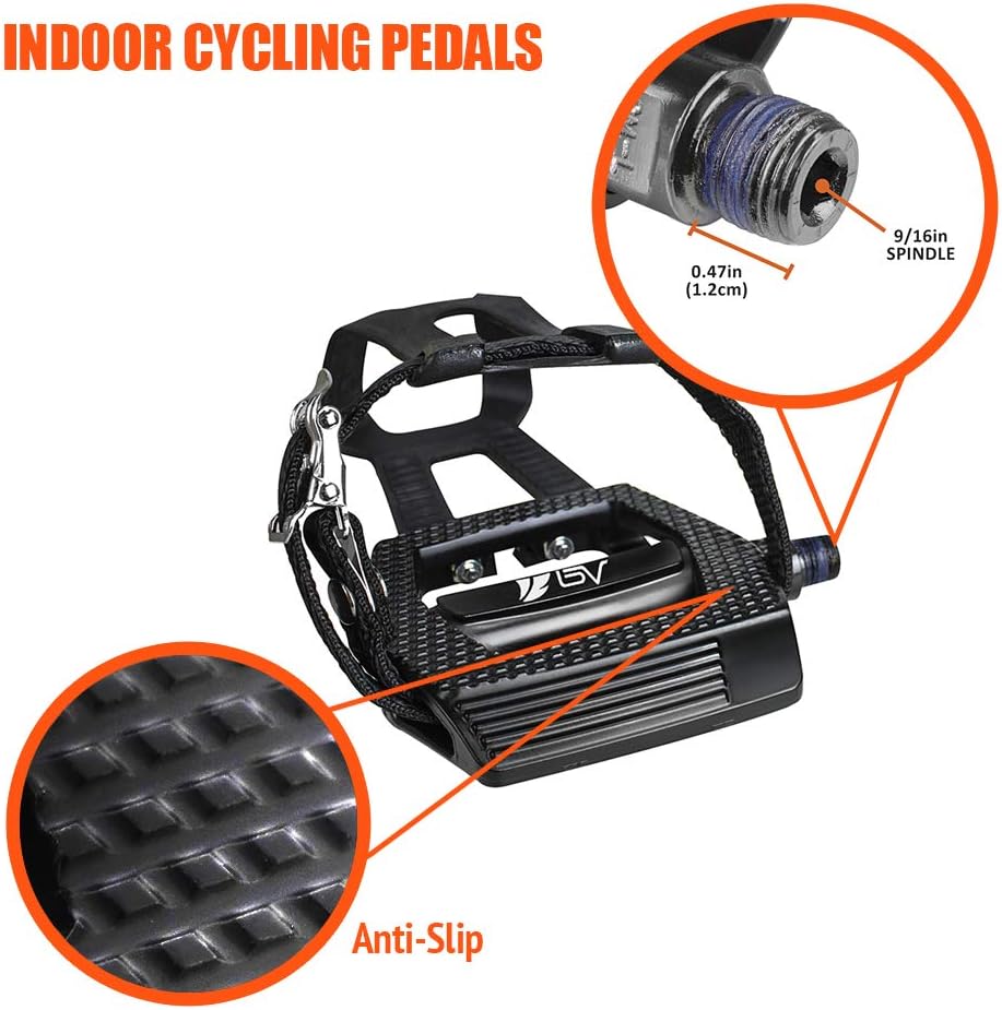 BV Bike Shimano SPD Compatible 9/16'' Pedals with Toe Clips (SPD Cleats Included) - MTB/Spin/Indoor/Exercise/Peloton Bicycle Pedal Pack of 2