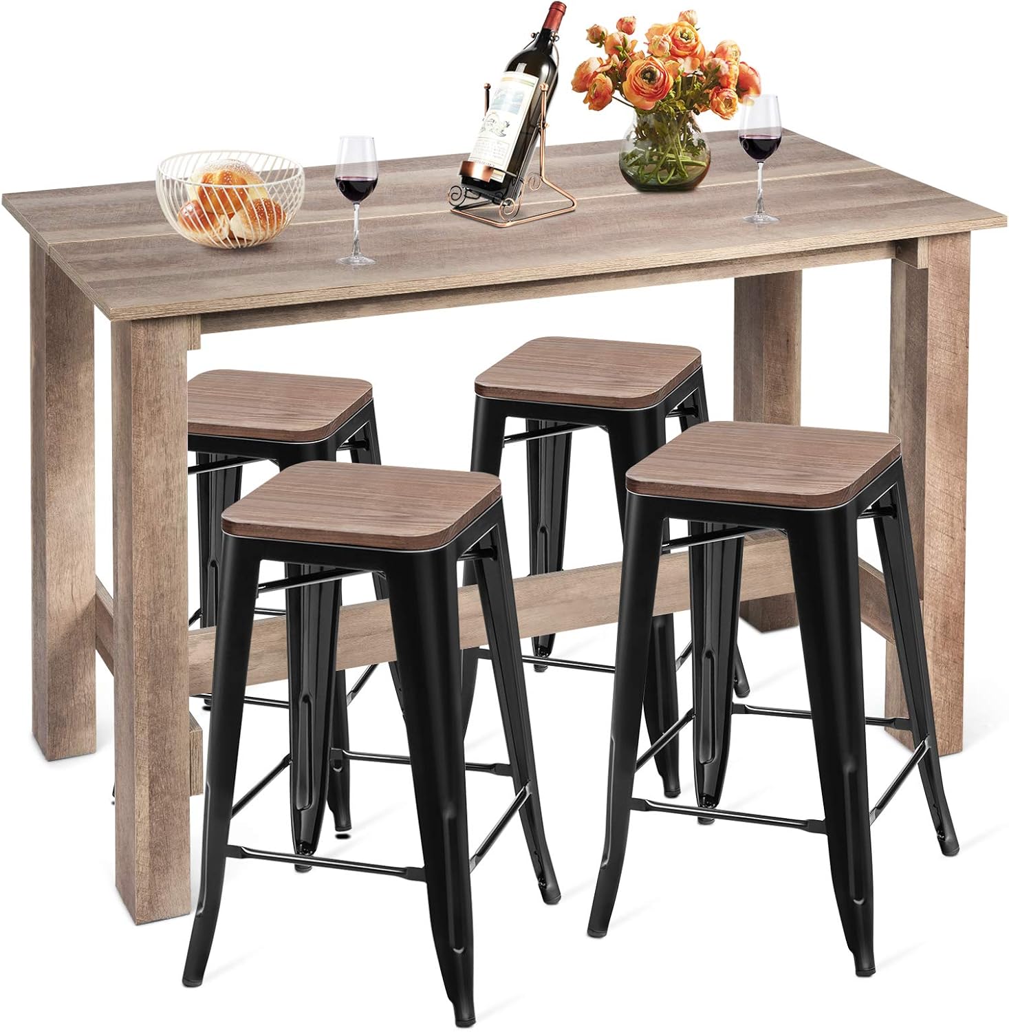 COSTWAY 5 Pcs Dining Table Set, Industrial Counter Height Dining Set with Wooden Table and 4 Metal Backless Barstools