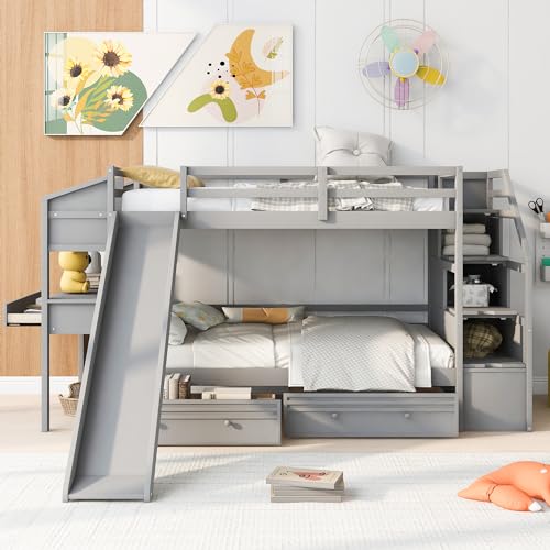 Harper & Bright Designs Bunk Beds Twin Over Full Size, Bunk Bed with Trundle,Storage Shelf and Stairway