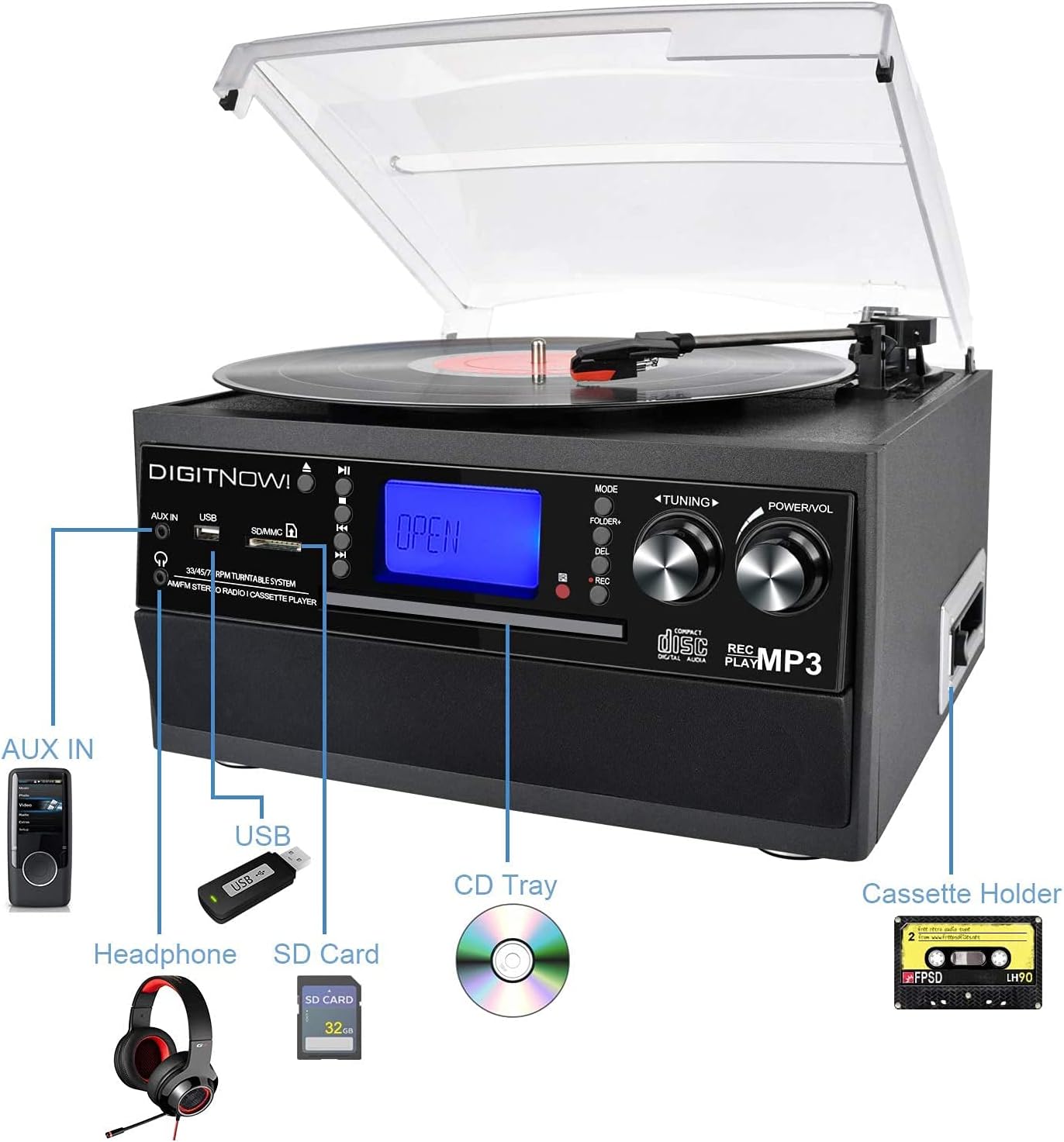 DIGITNOW Bluetooth Record Player Turntable with Stereo Speaker, LP Vinyl to MP3 Converter with CD, Cassette, Radio, Aux in and USB/SD Encoding