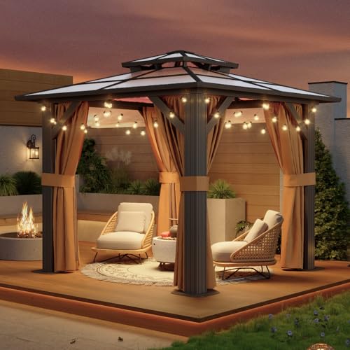 Aoxun 12'x10' Hardtop Gazebo, Aluminum Frame Permanent Pavilion with Curtains and Netting, Outdoor Polycarbonate Double Roof Canopy