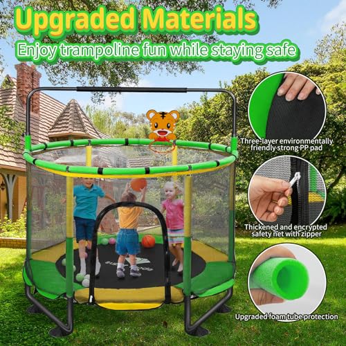Trampoline for Kids, 5FT Adjustable for Toddler, Indoor/Outdoor Baby Trampoline with Enclosure Net, No-Gap Safe Design, Gifts for Boys & Girls