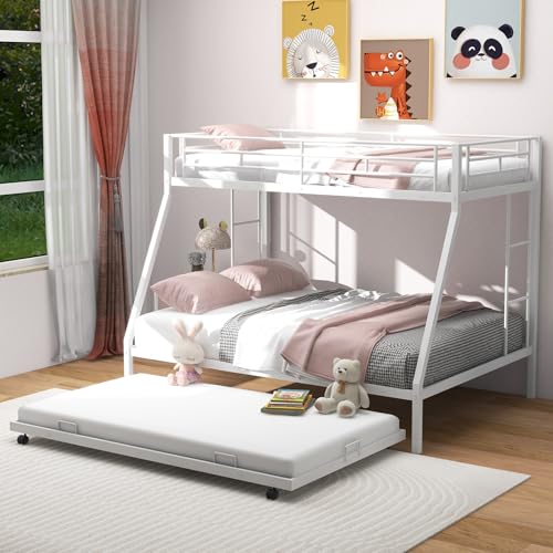 KOMFOTT Twin Over Full Bunk Bed with Trundle, Heavy-Duty Metal Bunk Bed Frame with Guardrail & 2 Ladders, Space-Saving Bunk Bed for Kids/Teens/Adults