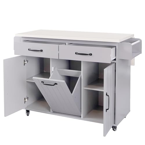 Ball & Cast Farmhouse Kitchen Island with Drop Leaf & Barn Door,Rolling Kitchen Cart on Wheels with Power Outlet,3 Large Drawers