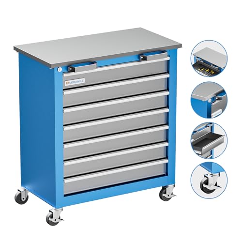 7-Drawer Rolling Toolbox,Tool Box with 360° Lockable Wheels and Padded Feet,Tool Chest with Keyed Locking System and Drawer Liners