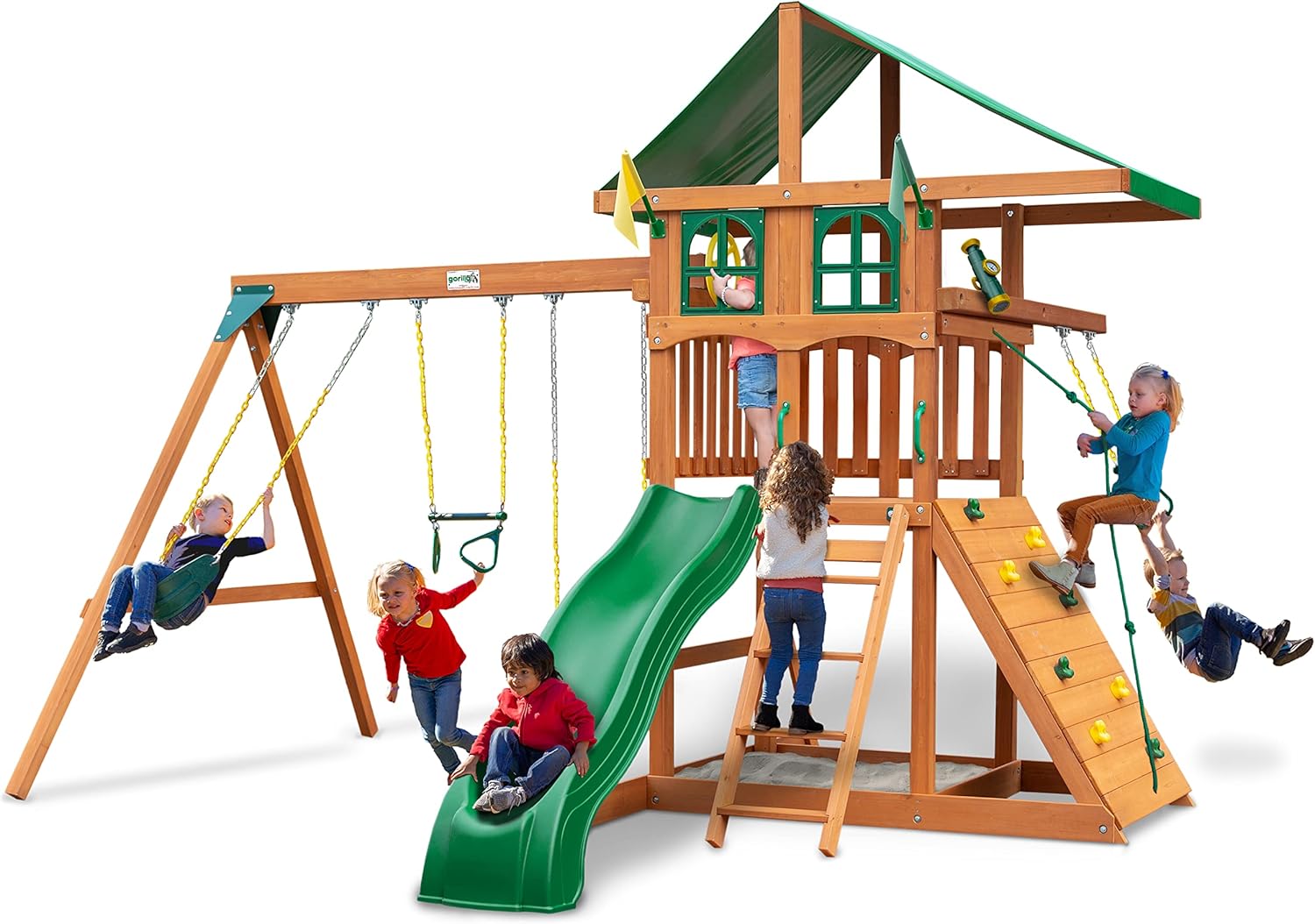Gorilla Playsets 01-1080 Avalon Treehouse Wooden Swing Set with Oversized Green Vinyl Canopy Roof, Trapeze Arm, Climbing Wall, Ladder