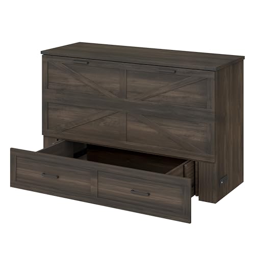 Bellemave Queen Murphy Bed, Cabinet Bed with Charging Station and Storage, Farmhouse Murphy Cabinet with Foldable Panel, Noisy Free