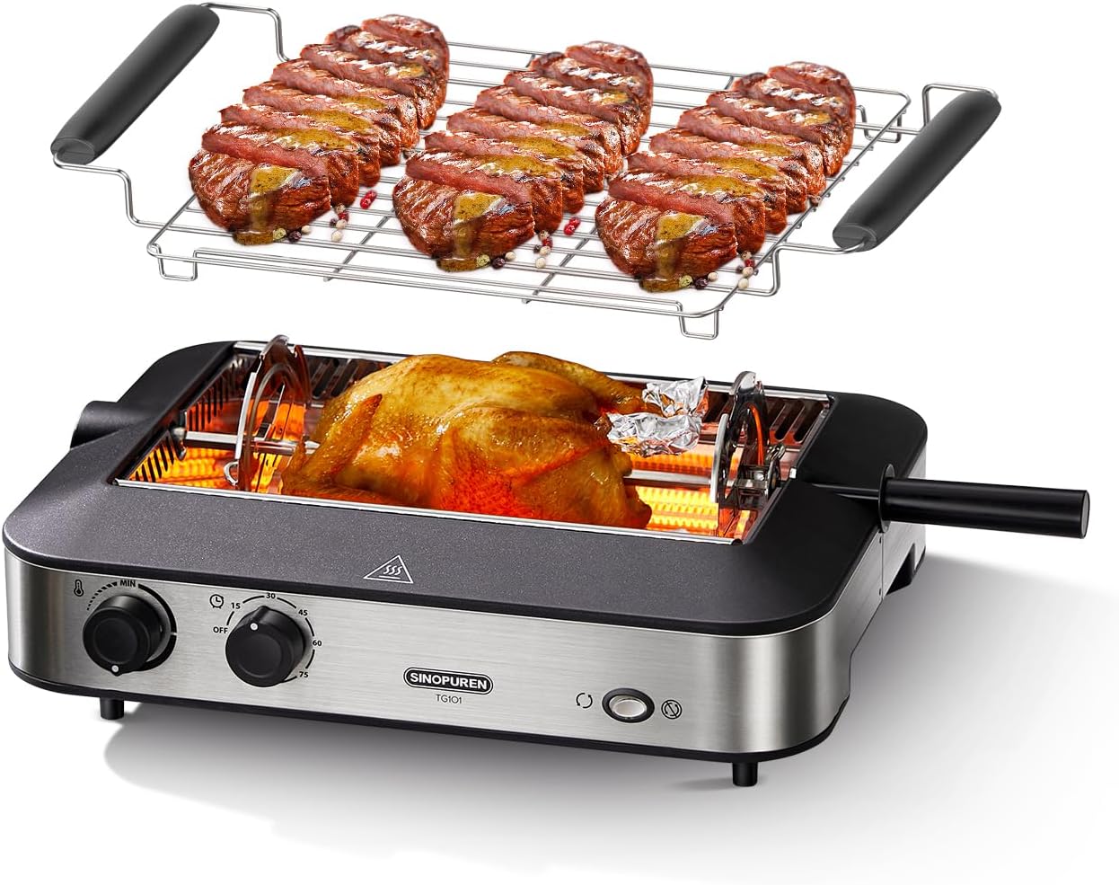 Electric Grill, Indoor BBQ Rotisserie, with Adjustable Temperature Control, Removable Grill & Griddle Nonstick Plates, 1600w Fast Heat Up