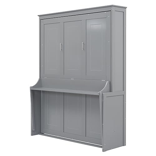 Ball & Cast Queen Size Murphy Bed,Murphy Bed Cabinet W/ 2 Five-Layer Cabinet,Hideaway Wall Bed W/LED Lights,Wood Hidden Bed Frame for Guest Room