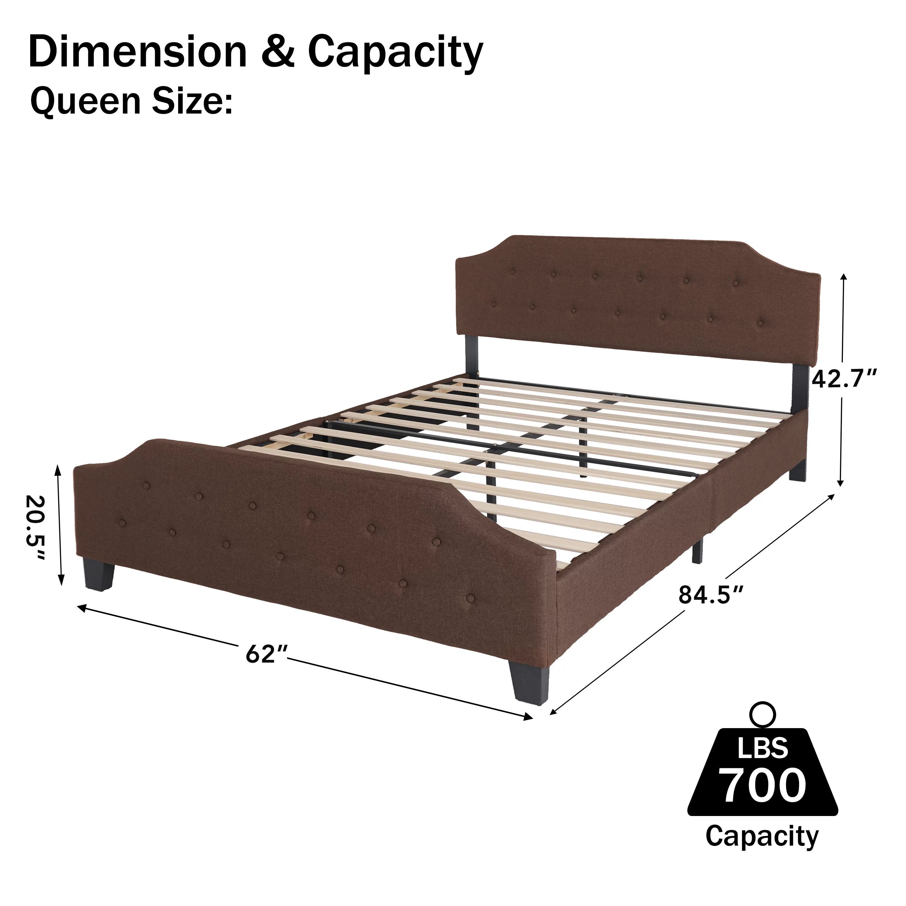 Upholstered Tufted Platform Bed Frame with Bonus Base Wooden Slat System, Queen, Brown