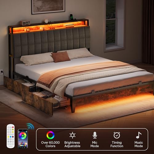 YITAHOME Queen Size Bed Frame with RGB LED Lights and 4 Drawers, Upholstered Platform Bed with Charging Station and Storage Headboard