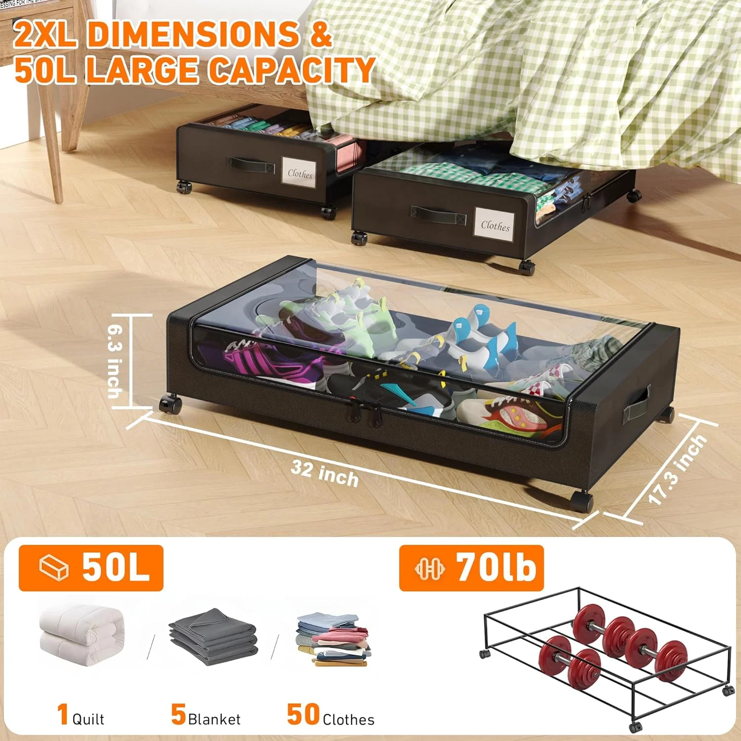 Under Bed Storage with Wheels, 2-Pack Under Bed Storage Containers with Clear Lids, XXL 60L Under the bed storage Organizer Bins