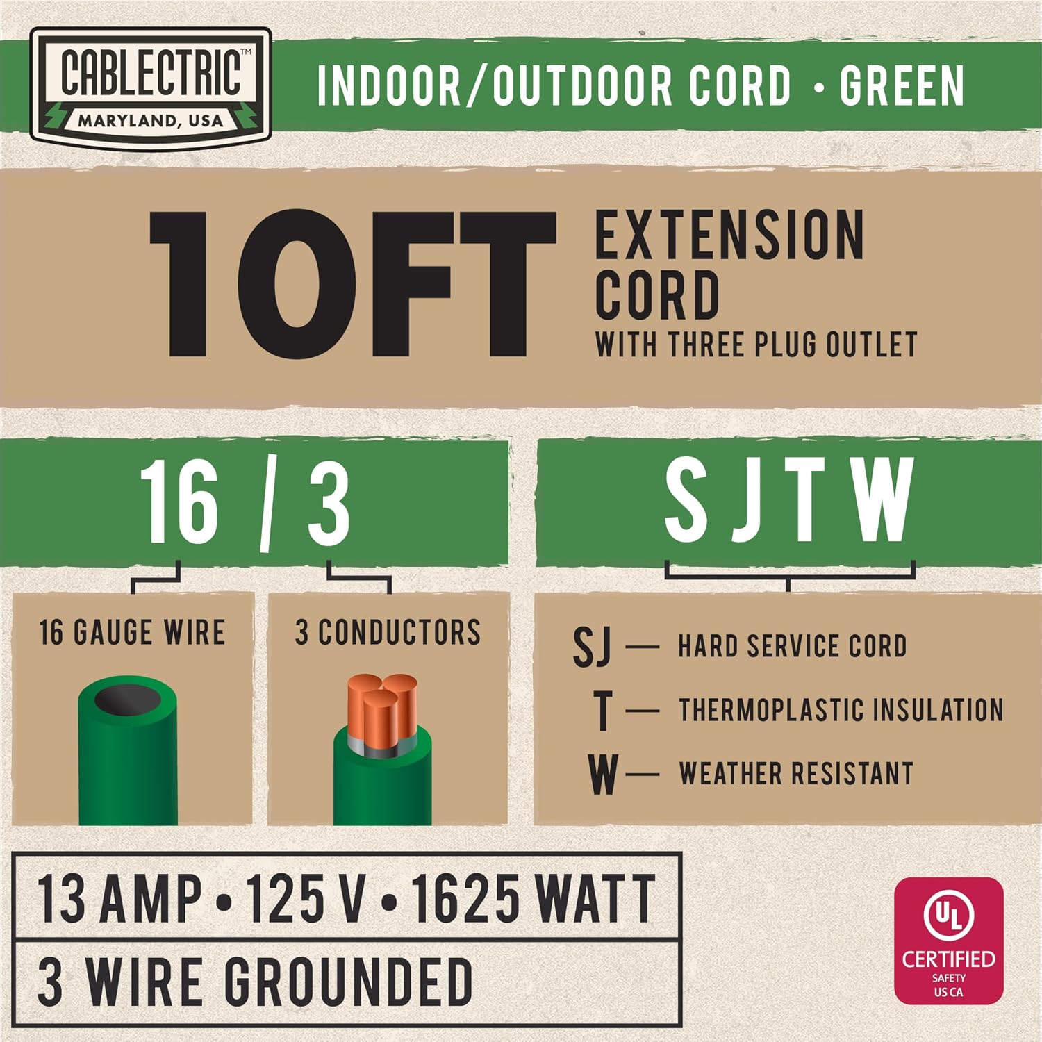 Cablectric 50 Ft Outdoor Extension Cord with 3 Power Outlets