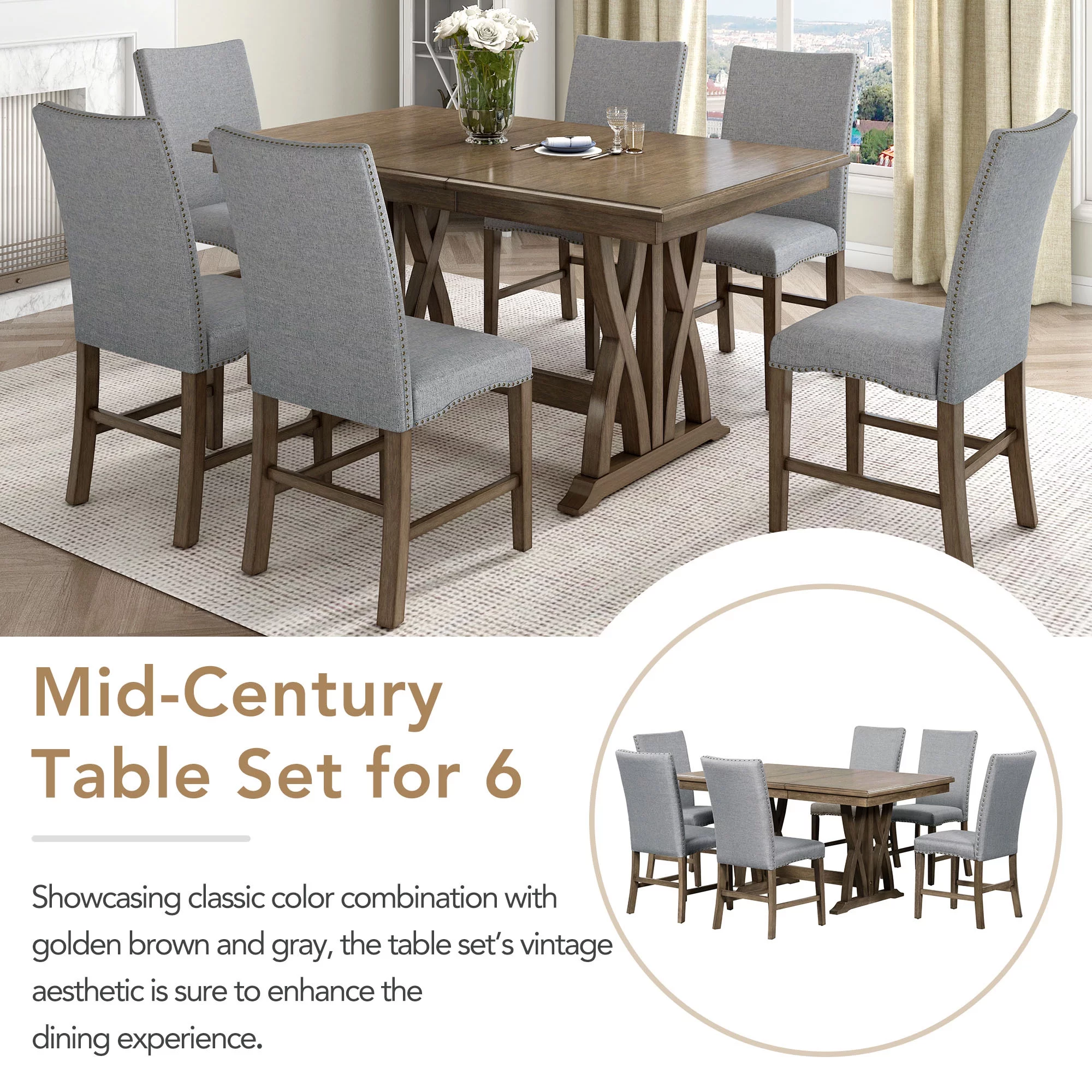 TOPMAX Mid-Century Solid Wood 7-Piece Dining Table Set Extendable Kitchen Table Set with Upholstered Chairs and 12" Leaf for 6