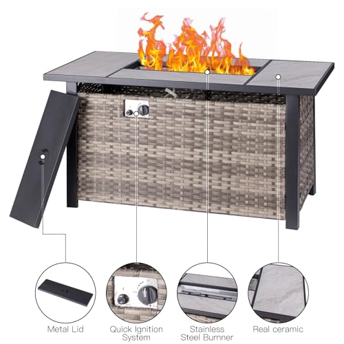 30" Propane Fire Pit with Real Ceramic Tabletop, 50000 BTU Gas Firepit Table with Lid & Glass Rock, Outdoor Fire Pit for Dining or Party