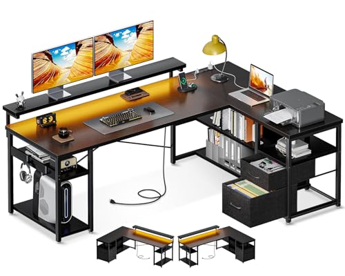 ODK L Shaped Gaming Desk with File Drawers, Reversible Computer Desk with Power Outlets & LED Lights, Home Office Desk with Storage Shelves