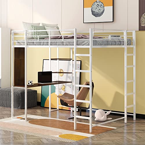 Metal Loft Bed with Wardrobe and L-Shaped Desk, Full Size Loft Bed with Storage Cubes and Shelves, Heavy Duty Loft Bed for Kids Teens, White