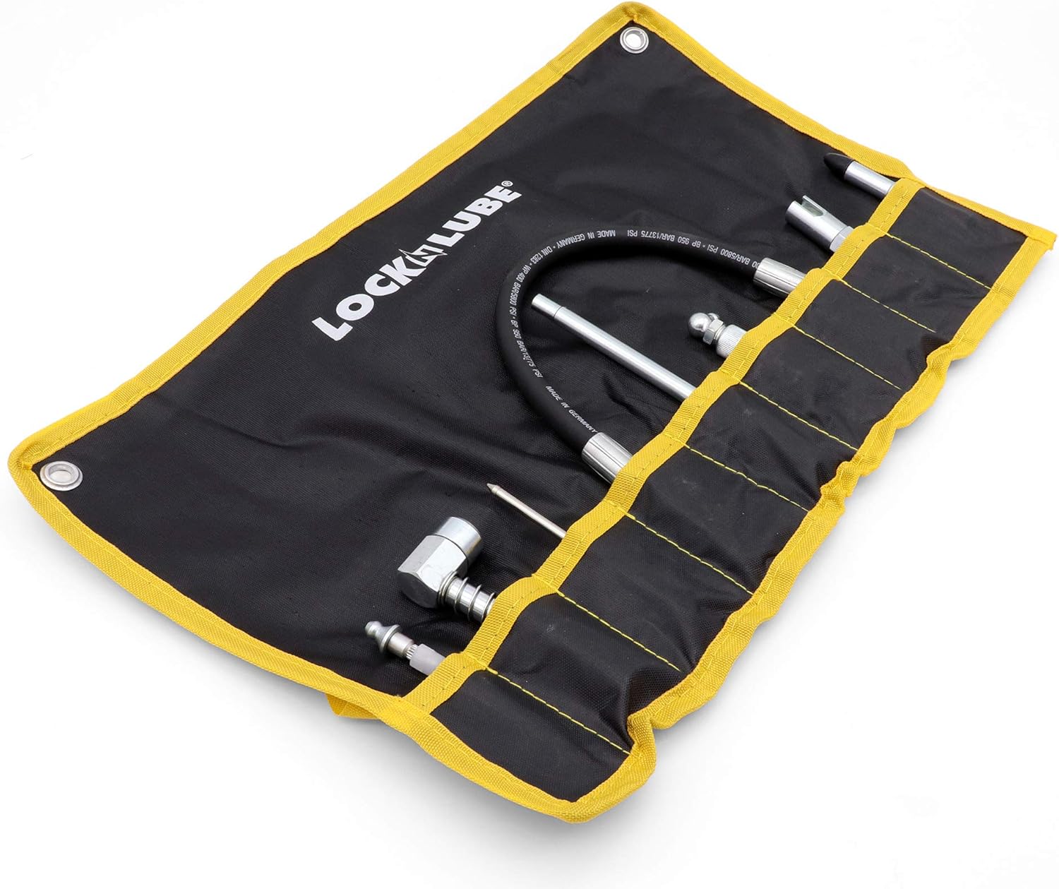 LockNLube 8-Piece Quick Connect Greasing Accessory Kit. Complete grease fitting connection kit. Reach any grease fitting on any machine. The rip-stop