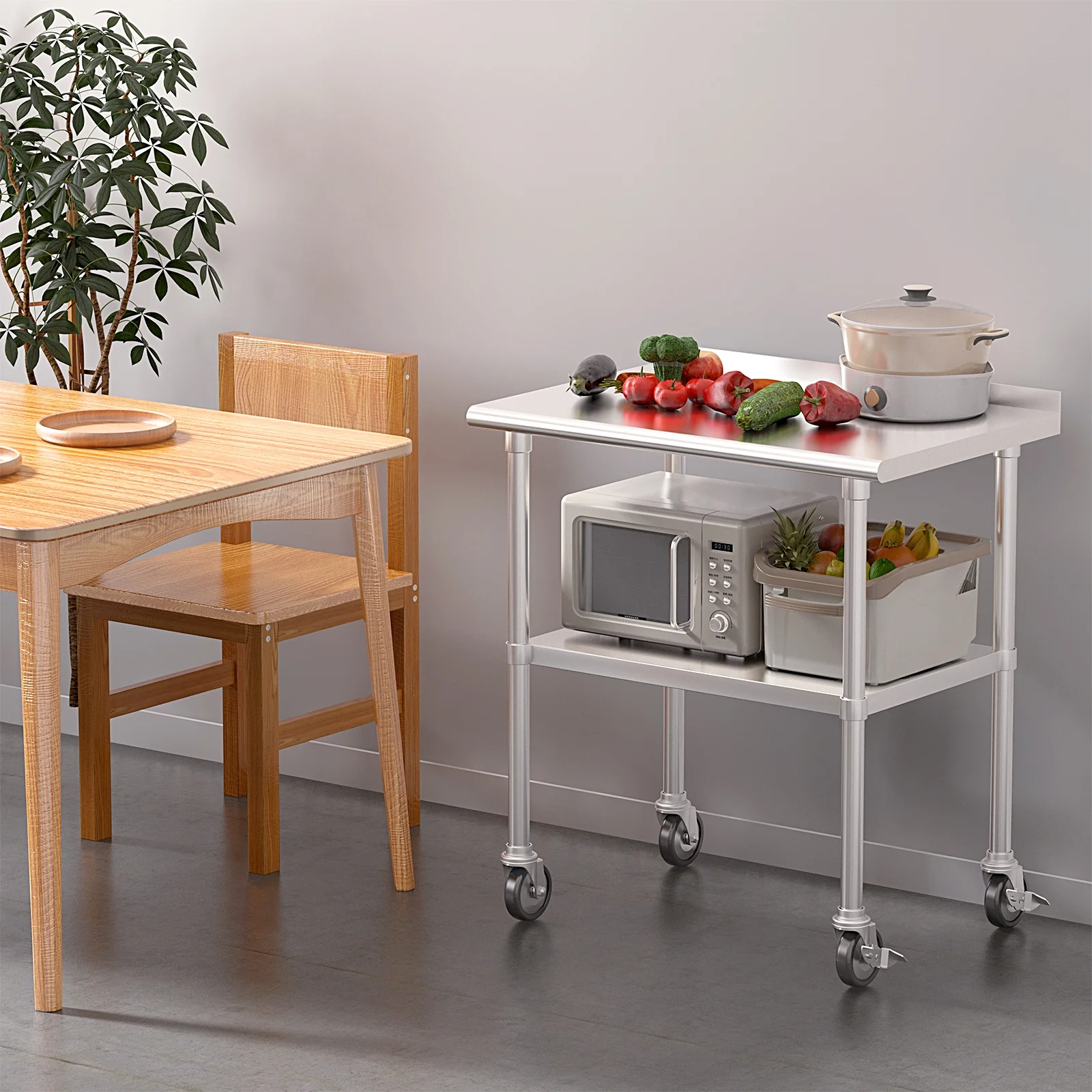 Uyoyous 36" x 24" NSF Stainless Steel Work Table with Backsplash, Commercial Kitchen Prep Table with 4 Casters