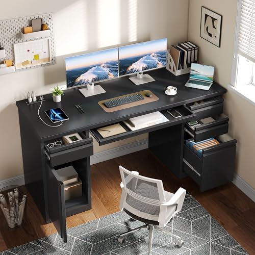 YITAHOME Office Desk with 5 Drawers, Executive Desk with Power Outlets, 57 Inch Computer Desk with File Cabinet, Keyboard Tray